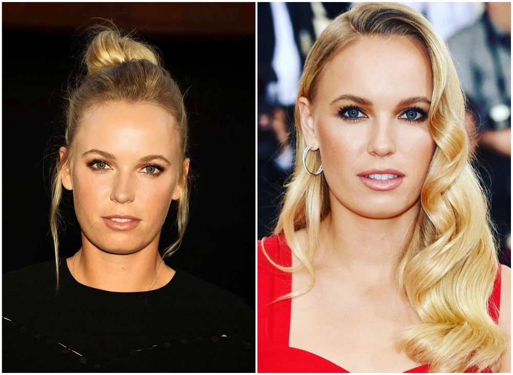 Caroline Wozniacki`s eyes color - blue and hair color - blonde Caroline Wozniacki`s eyes and hair color