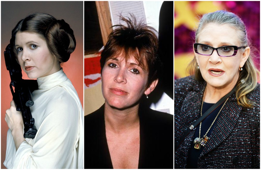 Carrie Fisher`s eyes color - hazel and hair color - brown Carrie Fisher`s eyes and hair color