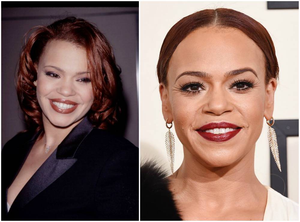 Faith Evans`s eyes color - dark brown, hair color - constantly dyed different colors Faith Evans`s eyes, hair color