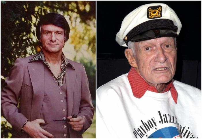Hugh Hefner`s eyes color - dark brown and hair color - grey Hugh Hefner`s eyes and hair color