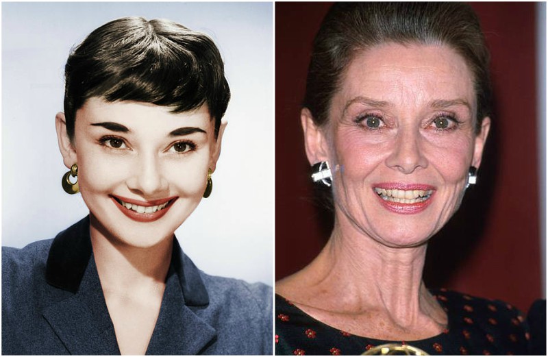 Audrey Hepburn's eyes color - green/brown and hair color - dark brown Audrey Hepburn's eyes and hair color