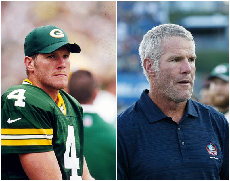 Brett Favre's eyes color - blue and hair color - grey Brett Favre's eyes and hair color